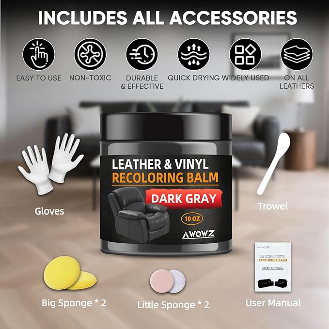 AWOWZ Leather Recoloring Balm - Scratch Repair & Color Restore Kit for Faded Leather, Leather Couch & Car Seats - 10OZ Leather Restorer Balm for Furniture, Auto Interior, Vinyl, Accessories (Black)