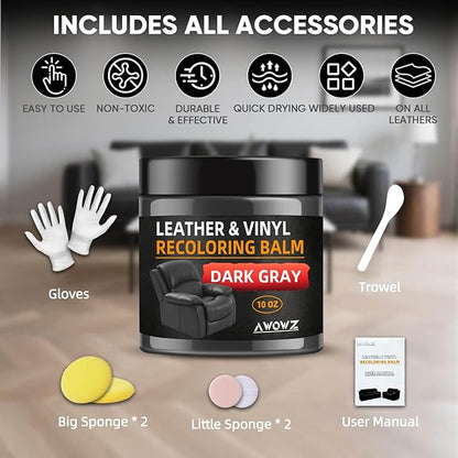 AWOWZ Leather Recoloring Balm - Scratch Repair & Color Restore Kit for Faded Leather, Leather Couch & Car Seats - 10OZ Leather Restorer Balm for Furniture, Auto Interior, Vinyl, Accessories (Black)