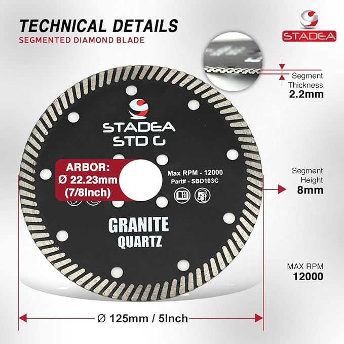 Stadea SBD103C Diamond Saw Blade 5-Inch Continuous Turbo Dry Cutting - Cuts Granite Quartz Quartzite, Fits Grinder, Saw Cutter, 8 MM Segments - Pack of 1