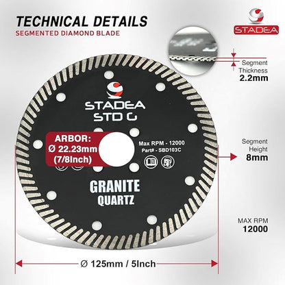 Stadea SBD103C Diamond Saw Blade 5-Inch Continuous Turbo Dry Cutting - Cuts Granite Quartz Quartzite, Fits Grinder, Saw Cutter, 8 MM Segments - Pack of 1