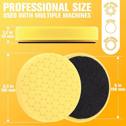 KUIMIT Yellow Polish Pad, 3Pcs 6.5 Inch Face for 6 Inch Buffing Polishing Pads and Woolen Pads 150mm Backing Plate Compound Buffing Sponge for Car Buffer Polisher Compounding, Polishing and Waxing