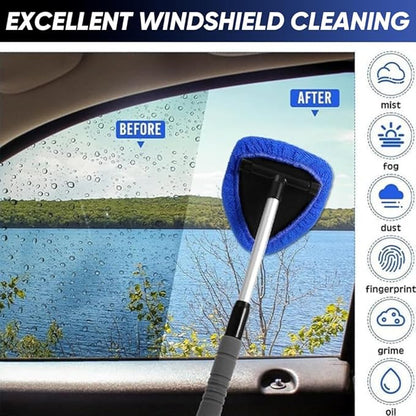 Telescopic Microfiber Glass Car Defroster Brush, 180° Rotating Head and Retractable Handle Multi-Surface Cleaner for Windows, Mirrors, Tiles (Blue)
