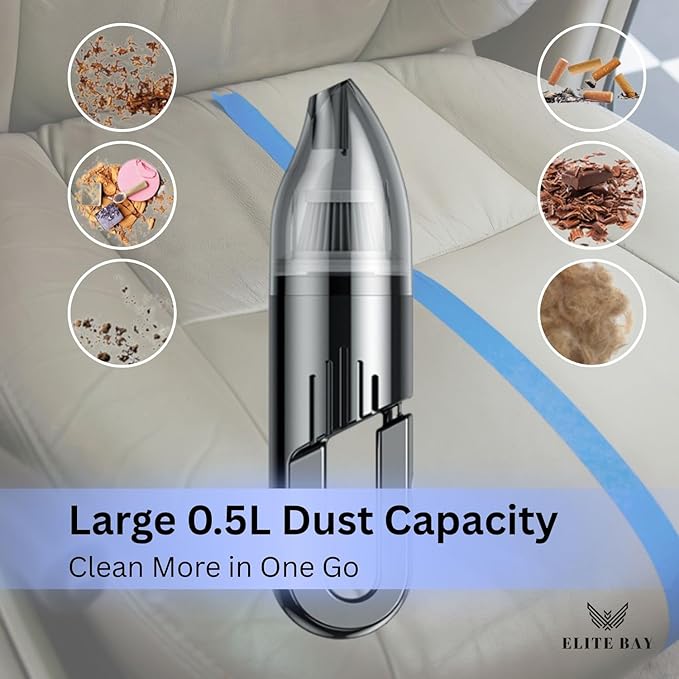 ELITE BAY Car Vacuum Cleaner – 120W High-Power Cordless Mini Vacuum with USB Charging | Dual 2000mAh Battery | Lightweight 0.36kg | 0.5L Dust Capacity | Compact Handheld Cleaner Car Home Office