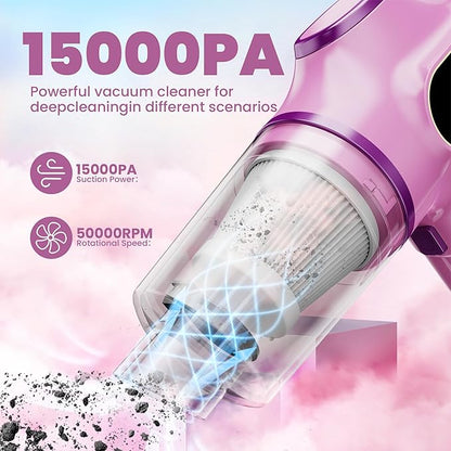 BELIBUY Women-Friendly Cordless Pink Car Vacuum Cleaner – 15000Pa Portable Mini Handheld Vacuum Cleaner, Effortlessly Handles Car,Office,Home & Pet Cleaning
