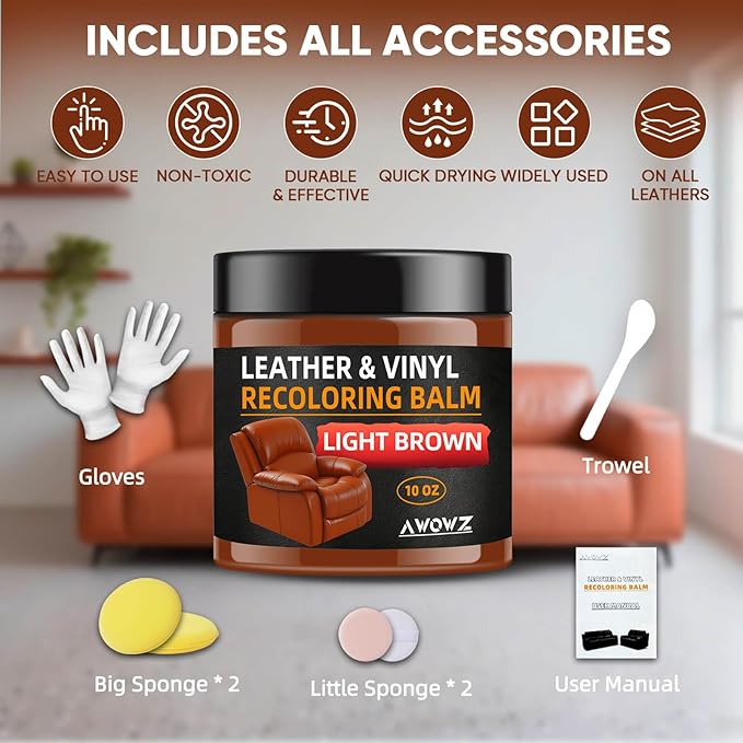 AWOWZ Leather Recoloring Balm - Scratch Repair & Color Restore Kit for Faded Leather, Couch & Car Seats - 10OZ Leather Restorer Balm for Furniture, Auto Interior, Vinyl, Accessories (Light Brown-Tan)