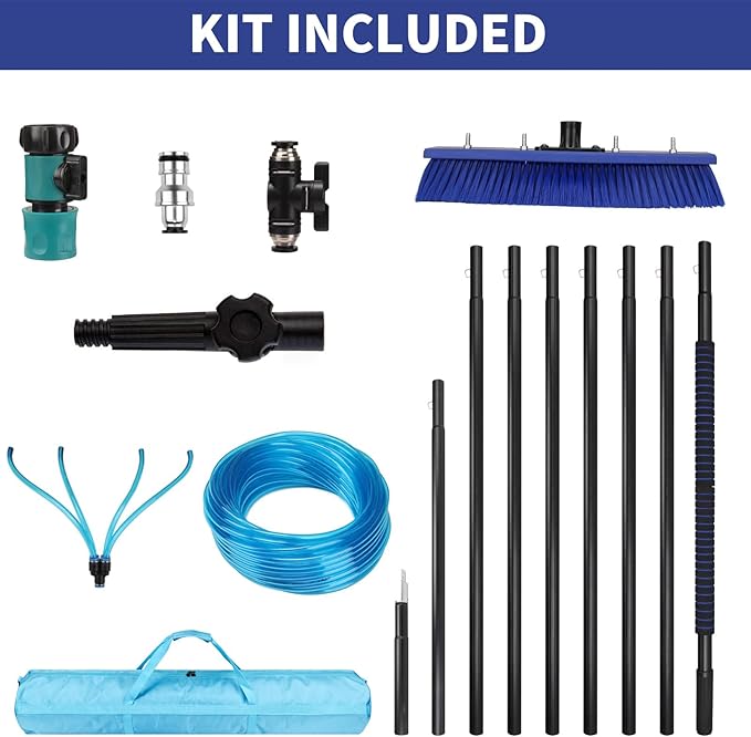 Water Fed Pole Kit, 33 FT Length Adjustable Solar Panel Window Cleaning Brush and Pole, 4-33ft Aluminium Pole Window Washing Kit for Cleaning Windows, Solar Panels and Roof