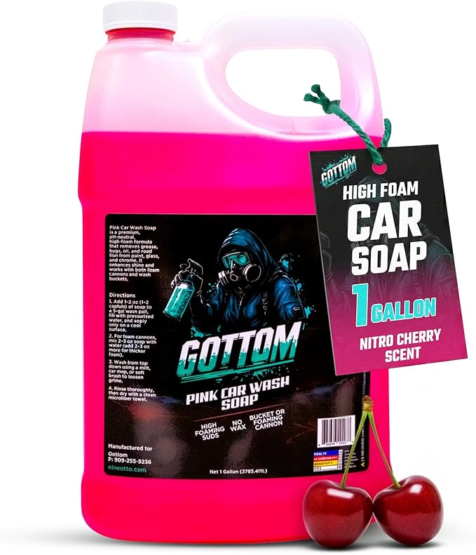 Gottom Car Wash Soap, Pink, 1 Gallon (128 oz), Nitro Cherry Scent - High Suds Car Shampoo for Foam Cannon & Bucket Wash, pH Neutral Foam Soap, Safe for Paint & Sealants