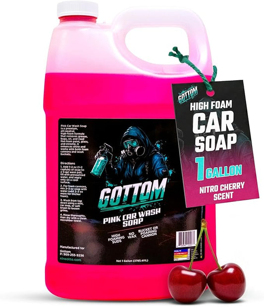 Gottom Car Wash Soap, Pink, 1 Gallon (128 oz), Nitro Cherry Scent - High Suds Car Shampoo for Foam Cannon & Bucket Wash, pH Neutral Foam Soap, Safe for Paint & Sealants