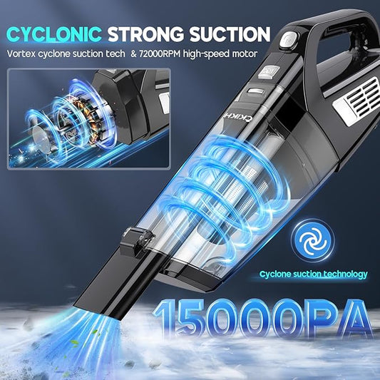 CKIKH Handheld Vacuum Cordless, 15000PA Strong Suction Hand Held Car Vacuum Cleaner Portable with Multi-Nozzles & Washable Filter, Lightweight Dust Busters Rechargeable for Home, Car, Office, Pets