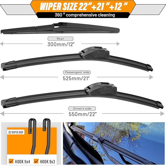 AUTOBOO 22"+21" Windshield Wipers with 12" Rear Wiper Blade Replacement for Dodge Durango 2011 2012 2013 2014 2015 2016 2017 2018 2019-2023, Jeep Grand Cherokee-Original Factory Quality (Pack of 3)