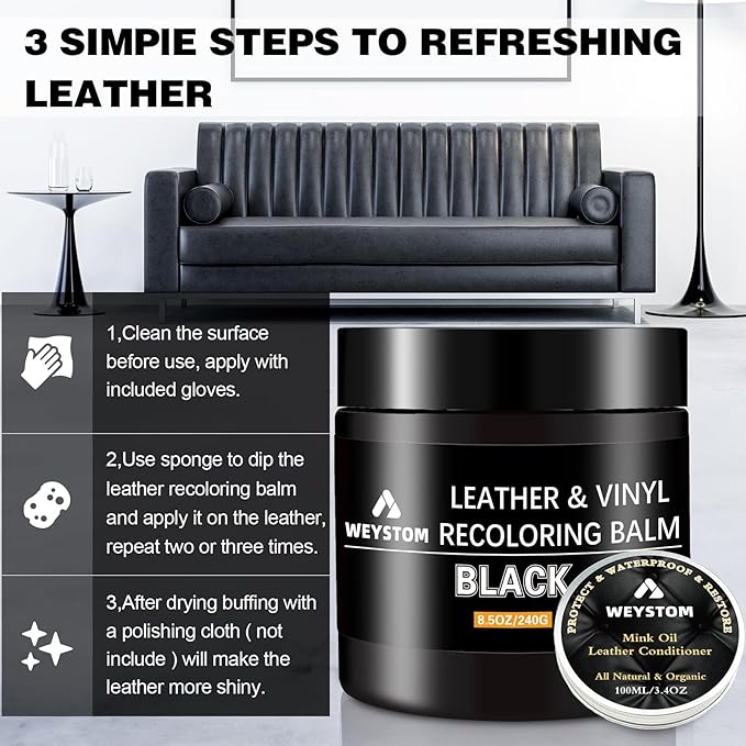 8.5 OZ Leather Recoloring Balm with 100ML Leather Conditioner - Black Leather Repair Kit for Furniture, Leather Dye, Recolor, Renew, Repair & Restore Aged, Faded, Cracked, Peeling and Scuffed Leather