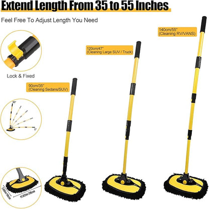 Car Wash Brush with Long Handle, 55 inch Car Wash Mop Car Wash Kit Mitt Retractable Bent Pole Car Wash Brush for Cars RV Truck Boat