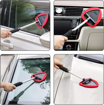 Windshield Cleaner Tool, Extendable Handle and Adjustable Triangular Shape Window Windshield Cleaner Kit, Car Windshields Washing Brush, with 2Pcs Washable and Reusable Pads