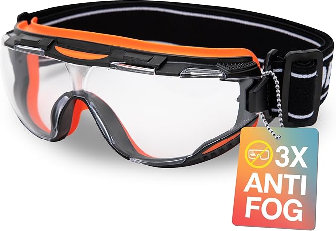 DEX FIT Protective Safety Goggles SG220N; 3x Anti Fog & Scratch, Z87 Eye Protection for Lab, Science, and Chemistry Work, Adjustable for Women and Men, (Black & Orange Frame, Clear Lens, 30cm Strap)