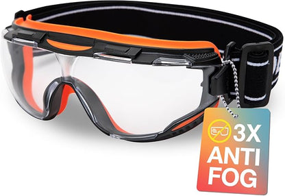 DEX FIT Protective Safety Goggles SG220N; 3x Anti Fog & Scratch, Z87 Eye Protection for Lab, Science, and Chemistry Work, Adjustable for Women and Men, (Black & Orange Frame, Clear Lens, 30cm Strap)