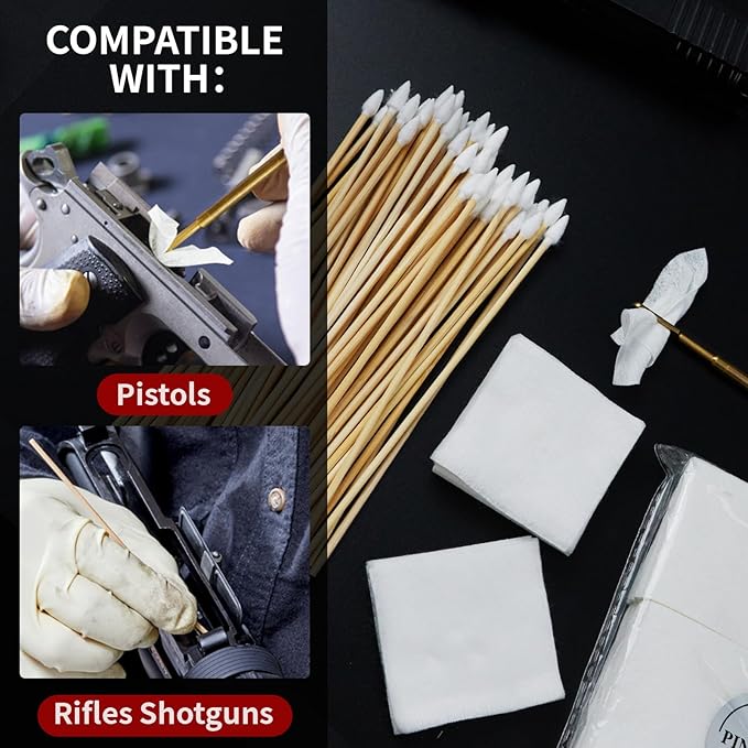PINGMIC Gun Cleaning Supplies - Gun Cleaning Patches and Long Cotton Swabs Set, 6" Cotton Swabs, Lint Free Cloth Fit Most Caliber Firearms