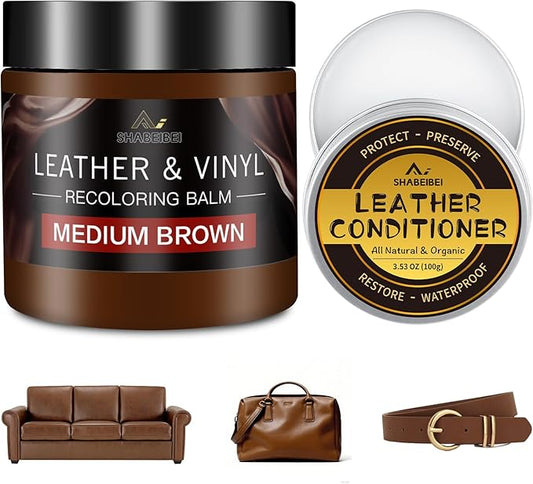 SHABEIBEI Leather Recoloring Balm with 100ml Mink Oil, Medium Brown Leather Repair Kit and Scratch Remover for Furniture, Car Seats, Sofas, Dye & Restorer for Couches, Vinyl, PU, Faux