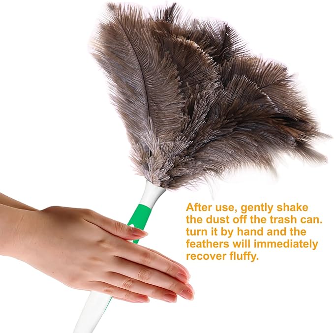 Genuine Ostrich Feather Duster 16 Inch Reusable Fluffy Soft Car Blind Baseboard Cleaner Handheld Dust Brush Washable for Home Office Cleaning Supplies