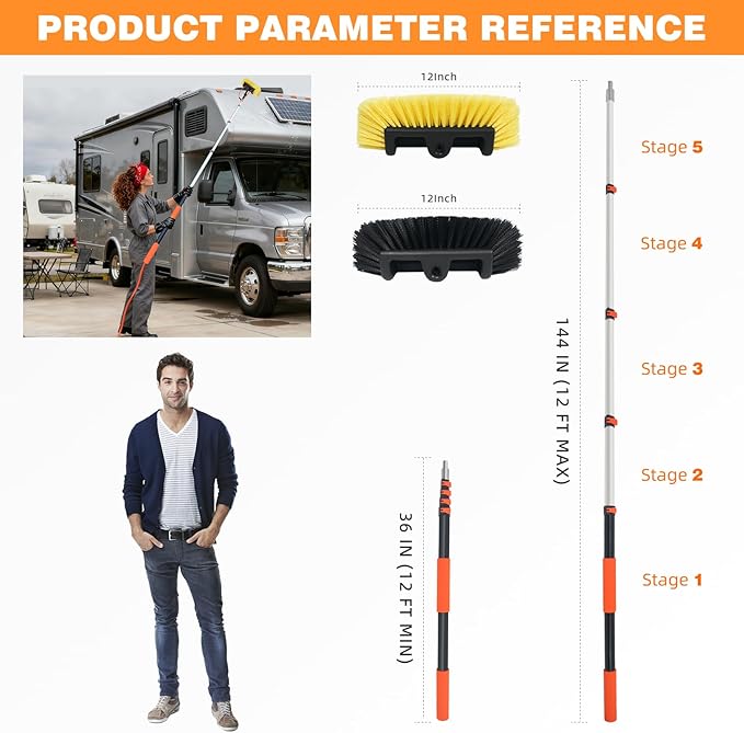 12FT/144inch Car Wash Brush with Long Handle Water Fed Telescopic Pole with Angle Adapter 12" Soft and Hard Bristle Cleaning Tool for Car Truck RV House Floor Window Glass Roof Pool