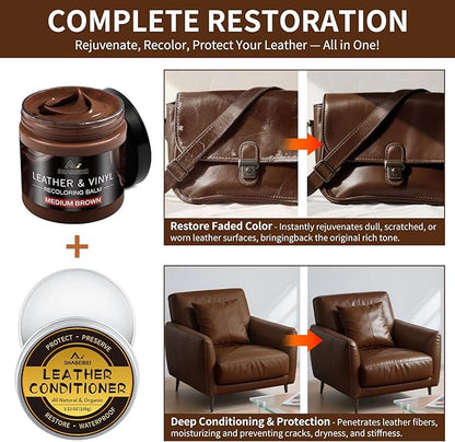 SHABEIBEI Leather Recoloring Balm with 100ml Mink Oil, Medium Brown Leather Repair Kit and Scratch Remover for Furniture, Car Seats, Sofas, Dye & Restorer for Couches, Vinyl, PU, Faux