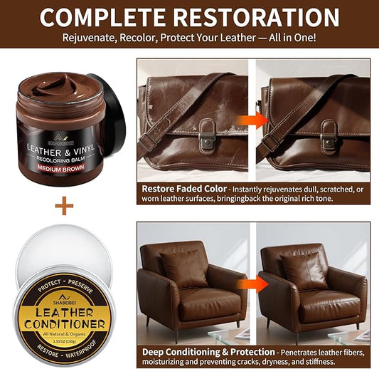 SHABEIBEI Leather Recoloring Balm with 100ml Mink Oil, Medium Brown Leather Repair Kit and Scratch Remover for Furniture, Car Seats, Sofas, Dye & Restorer for Couches, Vinyl, PU, Faux