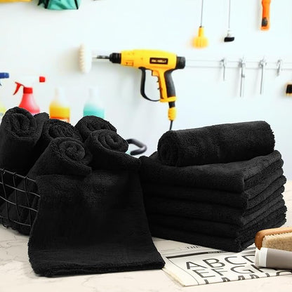 Shimeyao 30 Pcs 16 x 16 Inch Edgeless Microfiber Plush Towels for Cars Detailing Drying Wash Polishing Absorbent Cleaning Cloths, 500 GSM(16 x 16 Inch, Black, 30 Pcs)