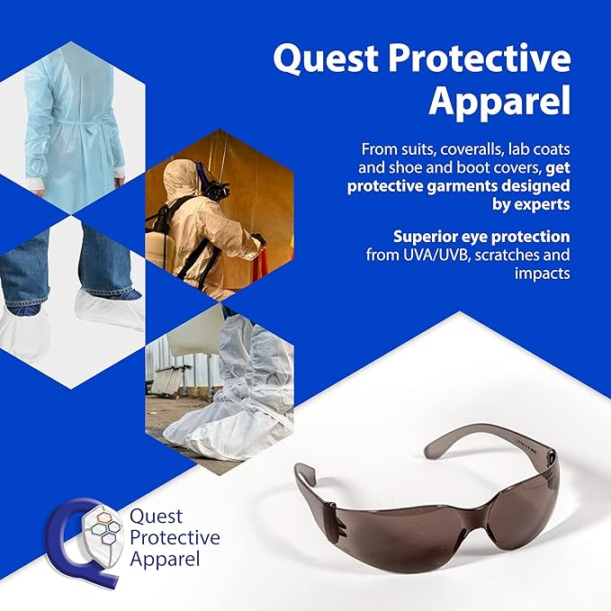 Quest Protective Apparel Safety Glasses for Men and Women - Anti Fog Safety Goggles for Shooting, Lab, or Construction – Polycarbonate Eye Protection [Smoke & Pack of 6]