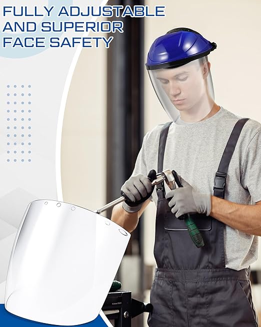 Tellegloww 4 Pcs Safety Face Shield for Grinding and Cutting, Clear Impact Resistant Visor, Full Face Shield Mask with Ratchet Headgear for Grinding, Isolation, Weed Whacking, Industrial Use (Blue)
