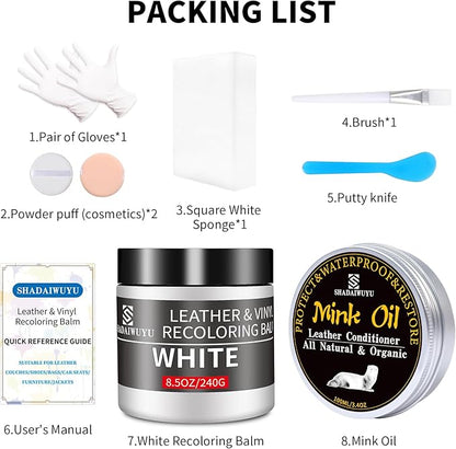 SHADAIWUYU 8.5oz Leather Recoloring Balm with 100ml Mink Oil,White Leather Repair kit for Furniture and Car Interior,Leather Couch Scratch Repair,Leather Dye Paint,Mink Oil for Leather