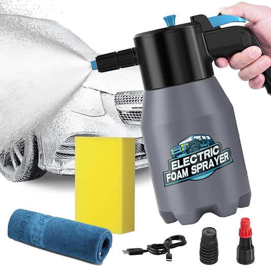 aokway Car Wash Kit Accessories Electric Foam Sprayer + Microfiber Drying Towel + Large Sponge, Car Wash Foam Gun, car Washing Kit Supplies, Soap Foaming Pump Sprayer for Home Household Cleaning