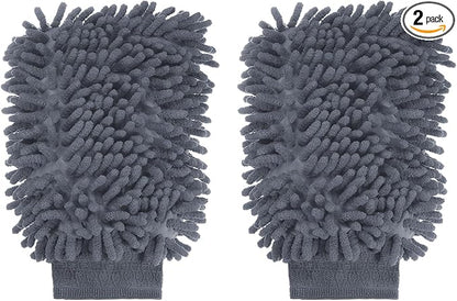 HARFINGTON 2pcs Chenille Microfiber Car Wash Mitts 9.8" x 7.9" Scratch Free Wash Gloves Absorbent Double Sided Plush Cleaning Drying Mitts for Car Washing Home Gray