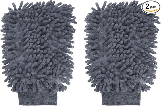 HARFINGTON 2pcs Chenille Microfiber Car Wash Mitts 9.8" x 7.9" Scratch Free Wash Gloves Absorbent Double Sided Plush Cleaning Drying Mitts for Car Washing Home Gray