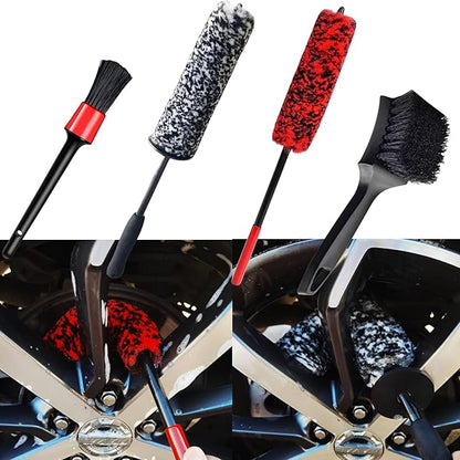 DEKADONS 4PCS Wheel Brush Kit for Cleaning Wheel and Tire, Wheel and Rim Brush, Car Detailing Brushes, 360 Degree Bendable & Durable Car Wheel Rim Cleaner Brush Set (Red&Grey)