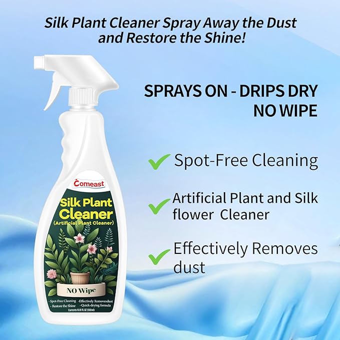 comeast Silk Plant Cleaner Spray No Wipe, Artificial Plant Cleaner and Silk Flower Cleaner Spray, Silk Flower Cleaner Spray No Wipe Spray Away Dust Remover, Drips Dry Faux Plant Spot16.91 Fl oz