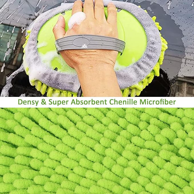 GIANT BEAR Car Wash Brush with Long Handle, 42.9" Microfiber Chenille Mitt Not Hurt Paint Scratch Free Aluminum Alloy Cleaning Tool -4 in 1,Glass Window Scrabber Detail Wheel Brush