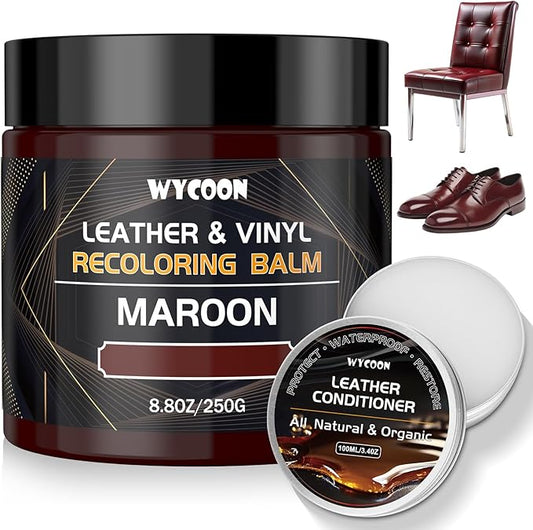 WYCOON Leather Recoloring Balm with 100ml Mink Oil Conditioner | Maroon Repair Kit, Dye & Color Restorer for Furniture, Sofa, Car Seats, Bags | Restore Faded & Scratched Surfaces
