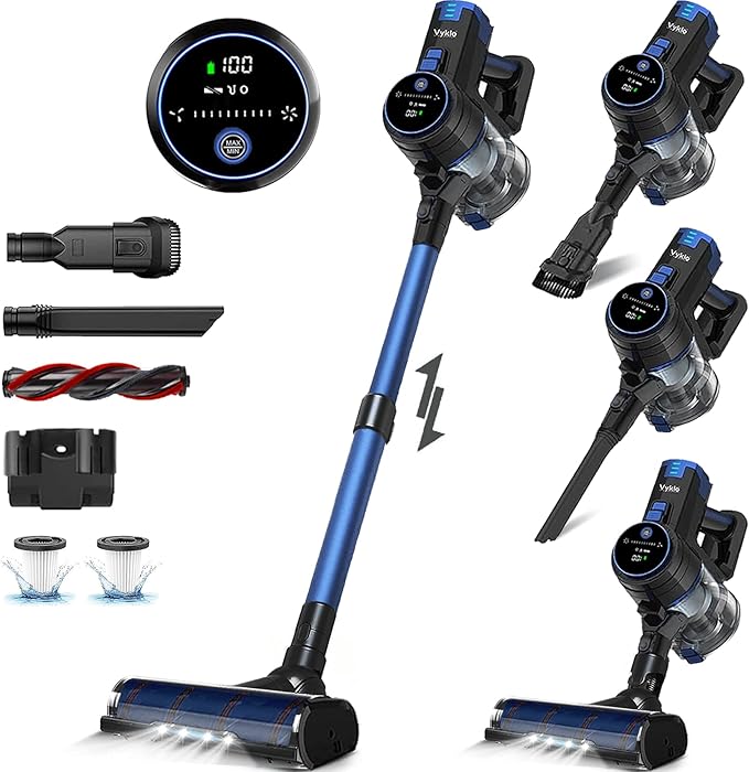 VYKLO V8 Cordless Vacuum Cleaner, Powerful Suction Stick Vacuum, 55Mins Runtime, Wireless Lightweight Handheld Vacuum Cleaner for Home, Hardwood Floor, Carpet, Car, Pet Hair Cleaning (Blue)