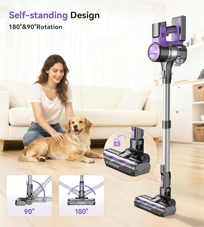 Yassol S10 Cordless Vacuum Cleaner, 55Kpa 60mins Lightweight Stick Vacuum with Powerful Suction for Home, Rechargeable, Self-Standing, Handheld Vacuum Cleaners for Hardwood Floors, Carpets, Purple