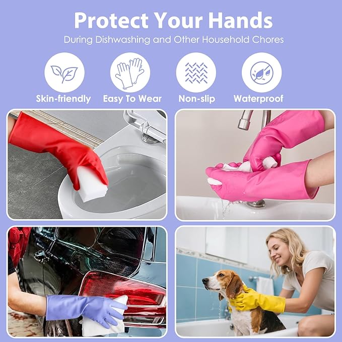 FCTTD 4 Pairs Rubber dishwashing gloves, Kitchen gloves for washing dishes, Household cleaning gloves Reusable Large Blue+Pink+Yellow+Red