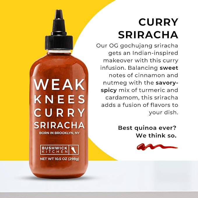 Bushwick Kitchen Sriracha Sampler Gift Box, Set Includes Gochujang Sriracha, Super Spicy Gochujang Sriracha, Curry Sriracha Hot Sauce, 5 Recipes, Chile Pepper Dish Towel, and Bushwick Kitchen Gift Box
