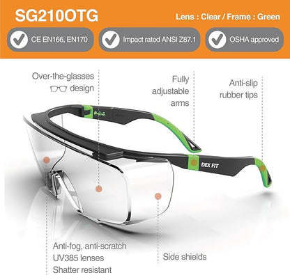 DEX FIT Safety Over Glasses SG210 OTG; Fit Over Your Eyewear, Z87 Eye Protection, Fog & Scratch Resistant, Adjustable for Women & Men, UV Protective (Black & Green Frame, Clear Lens)
