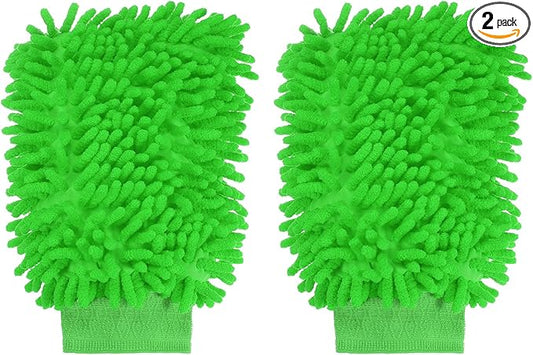HARFINGTON 2pcs Chenille Microfiber Car Wash Mitts 9.8" x 7.9" Scratch Free Wash Gloves Absorbent Double Sided Plush Cleaning Drying Mitts for Car Washing Home Green