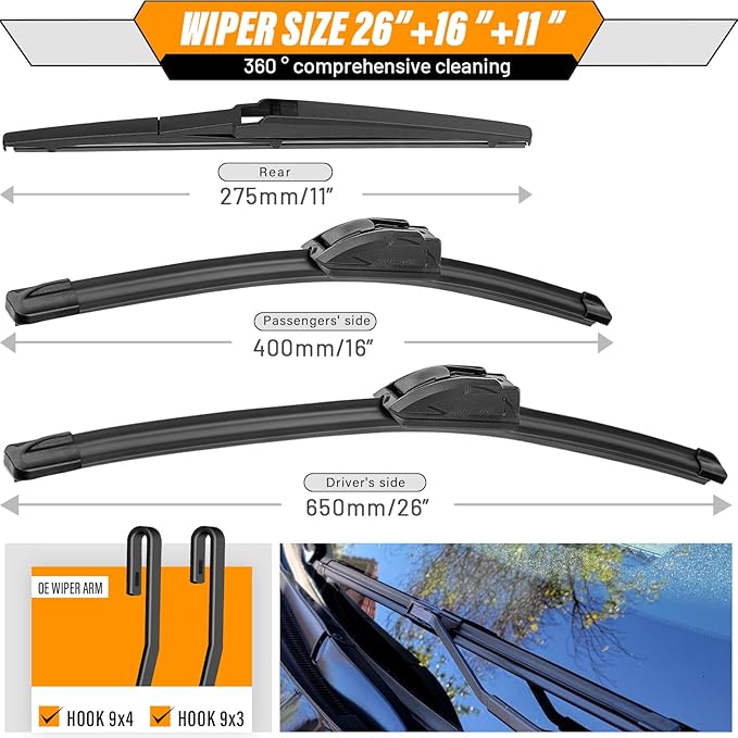 AUTOBOO 26"+16" Windshield Wipers with 11" Rear Wiper Blade Replacement for 2018-2023 Hyundai Kona Electric,2012-2019 Accent,2012-2017 Kia Rio -Original Factory Quality (Pack of 3)