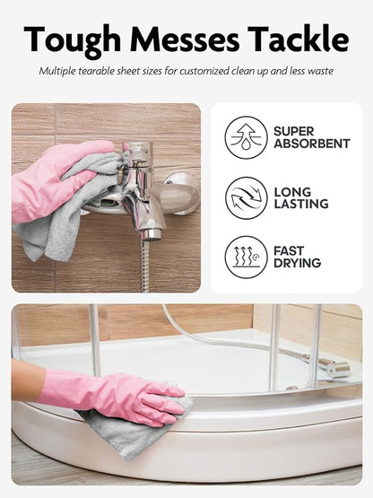 Fantasticlean Microfiber Cleaning Cloth Roll -60 Pack, Tear Away Microfiber Towels, 12" x 12", Reusable, Washable, Lint Free, Ultra Absorbent Dishcloth for All-Around Cleaning (Pink & Grey)