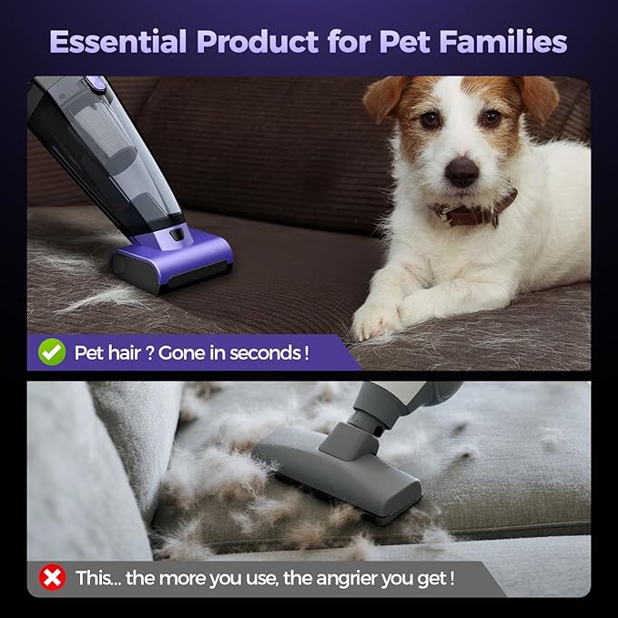 Pet Hair Handheld Vacuum Cordless: 20000PA High Power Car Vacuum with Motorized Brush and LED Light, Rechargeable Hand Held Vacuum Cleaner with Reusable Filter for Car, Home, Office & Pet, Purple