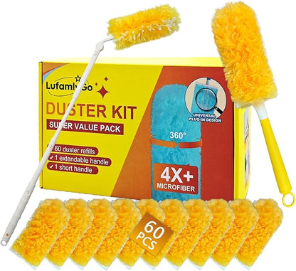 60PCS Fluffy 360° Heavy Duty Duster Refills fits Swiffer Duster, 4X Dust Capture Power, Unscented Disposable Electrostatic Dusters with 3ft Extended Handle for Furniture, Electronics, Blinds