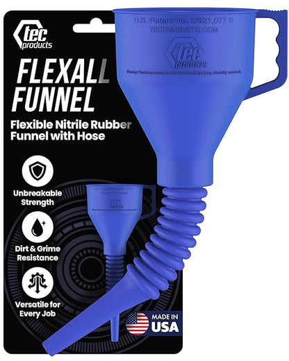 TEC Products FlexAll Long Flexible Funnel for Automotive Use - Durable Nitrile Rubber - Ideal for Car Oil Change, Transmission Funnel Fluid, Diesel, Fuel, Gas - Made in USA - Blue (12 x 4 Inches)