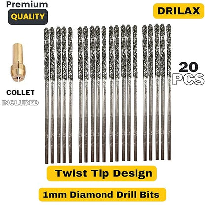 Drilax 1mm Diamond Drill Bit Set (20-Pcs) with Collet | Compatible with Dremel Rotary Tools | for Jewelry Making, Glass, Stone, Seashells & Gemstones