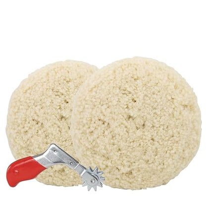 Woolous Wool Buffing Pads 7 Inch, 2 Pack 100% Natural Lambs Wool Pads for Buffing with Hook & Loop Backing and Cleaning Spur Tool, Cutting and Polishing Pad Kit for Car and Boat Detailing
