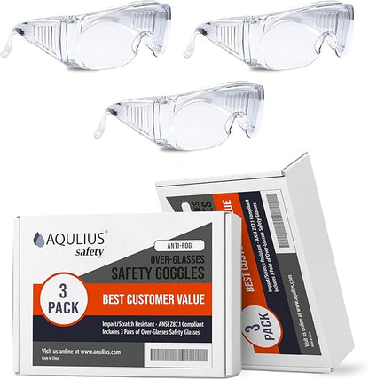 Aqulius Safety Glasses Over Eyeglasses - Shatter-Resistant Protective Eyewear - Anti-Fog & Scratch-Resistant Safety Glasses - Ergonomic Side Shields for Eye Protection - Pack of 3, Unisex